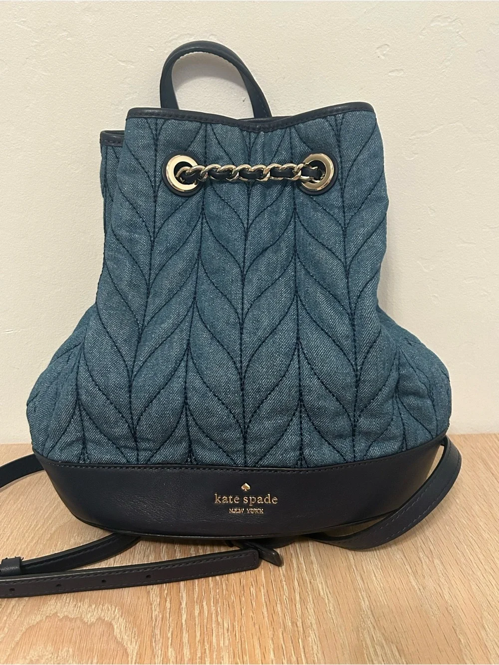 kate spade Quilted Denim Drawstring Backpack with Navy Trim